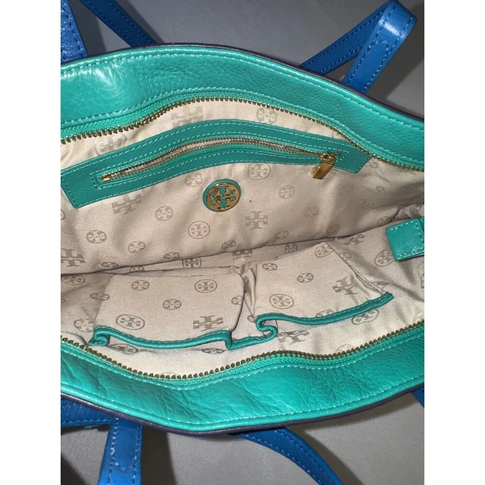 Tory Burch Blue, Purple, Green Color Blocked leather purse.